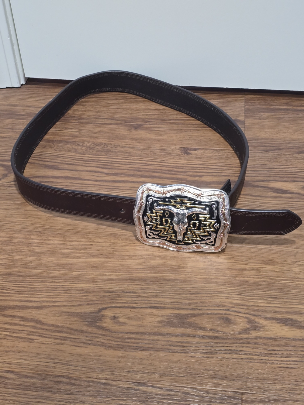 Ariat Dark Brown Leather Belt with Crumrine Silver and Gold Western Buckle